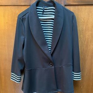 Black blazer with striped lining.